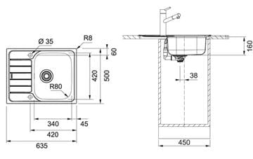 FRANKE SPARK SKN 611-63 nerezový drez 635x500 mm, otočný, odkvapkávač 101.0612.524 Technický nákres
