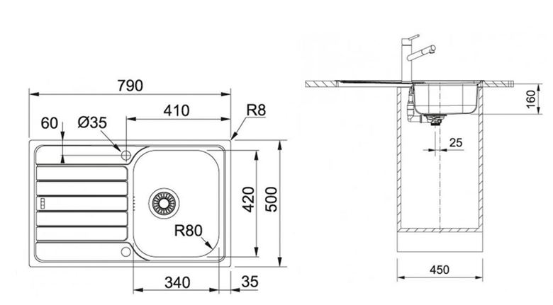 FRANKE SPARK SKN 611-79 nerezový drez 790x500 mm, otočný, odkvapkávač 101.0612.525 Technický nákres