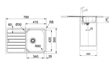 FRANKE SPARK SKN 611-79 nerezový drez 790x500 mm, otočný, odkvapkávač 101.0612.525 Technický nákres