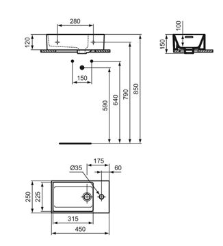 IDEAL STANDARD EXTRA umývadlo 45 cm, s otvorom pre batériu a prepadom T373401 Technický nákres