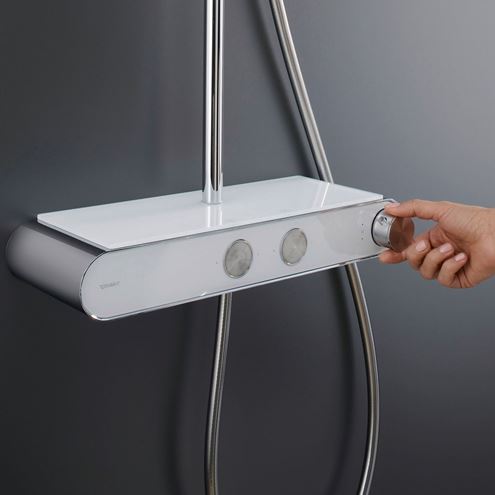 DURAVIT sprchový set s termostatickou batériou, horná sprcha, ručná sprcha s 3 prúdmi, teleskopická tyč, hadica, chróm/lesklá biela TH4380008005 Obrázek - fotka