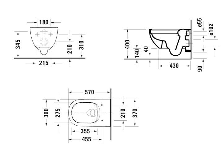 DURAVIT D-CODE závesné WC, Rimless splachovanie 25140900002 Technický nákres