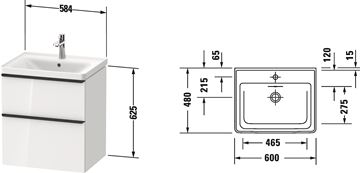 DURAVIT D-NEO skrinka s umývadlom 60x48x79 cm, 2 zásuvky, biela vysoký lesk DE0147022220000 Technický nákres