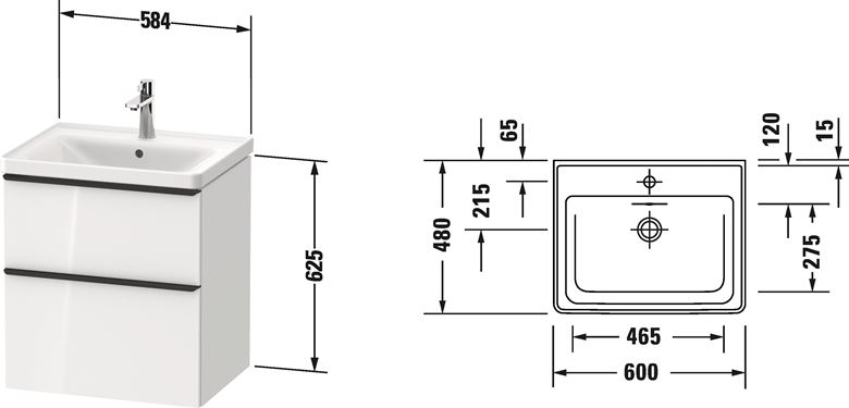 DURAVIT D-NEO skrinka s umývadlom 60x48x79 cm, 2 zásuvky, Graphit matt DE0147049490000 Technický nákres