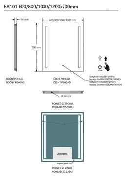 EASY PLUS zrkadlo 60x70 cm, s osvetlením, s reguláciou stmievania a teploty svetla, so senzorom EA101.60 Technický nákres