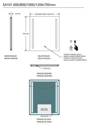 EASY PLUS zrkadlo 60x70 cm, s osvetlením, s reguláciou stmievania a teploty svetla, so senzorom EA101.60 Technický nákres