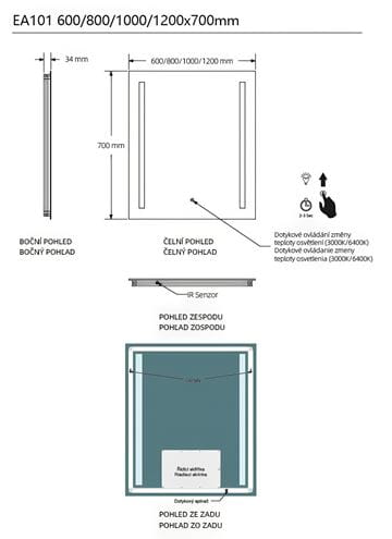 EASY PLUS zrkadlo 100x70 cm, s osvetlením, s reguláciou stmievania a teploty svetla, so senzorom EA101.100 Technický nákres
