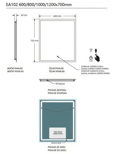 EASY PLUS zrkadlo 80x70 cm, s osvetlením, s reguláciou stmievania a teploty svetla, so senzorom EA102.80 Technický nákres