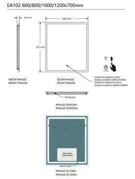 EASY PLUS zrkadlo 100x70 cm, s osvetlením, s reguláciou stmievania a teploty svetla, so senzorom EA102.100 Technický nákres