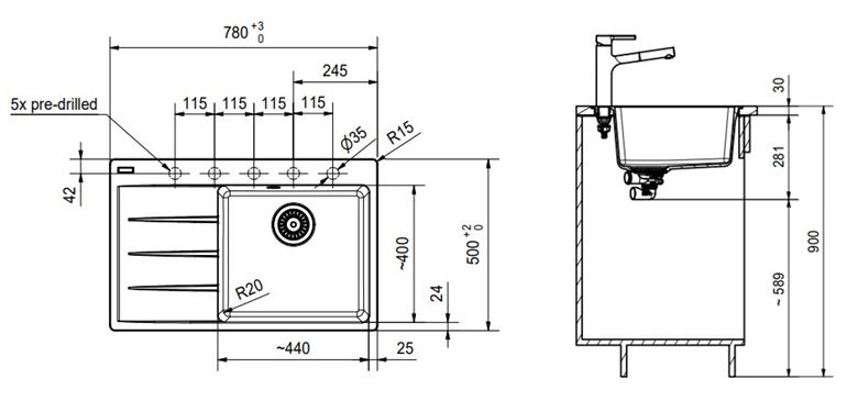 FRANKE CENTRO CNG 611-78 TL/7 fragranitový drez 780x500 mm, odkvapkávač vľavo, matná čierna 114.0637.506 Technický nákres