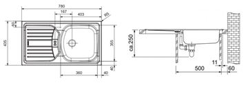 FRANKE EUROSTAR ETN 614 NOVA 6/4" nerezový drez 780x435 mm, otočný, odkvapkávač 101.0363.371 Technický nákres
