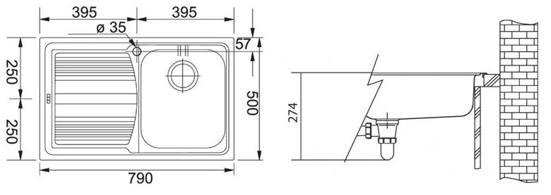 FRANKE LOGICA LLX 611/7 nerezový drez 790x500 mm, otvor pre batériu, odkvapkávač vľavo 101.0120.188 Technický nákres