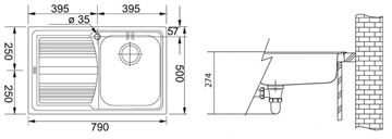 FRANKE LOGICA LLX 611/7 nerezový drez 790x500 mm, otvor pre batériu, odkvapkávač vľavo 101.0120.188 Technický nákres