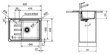 FRANKE MALTA BSG 611-62 fragranitový drez 620x435 mm, otočný, odkvapkávač, kašmír 114.0494.783 Technický nákres