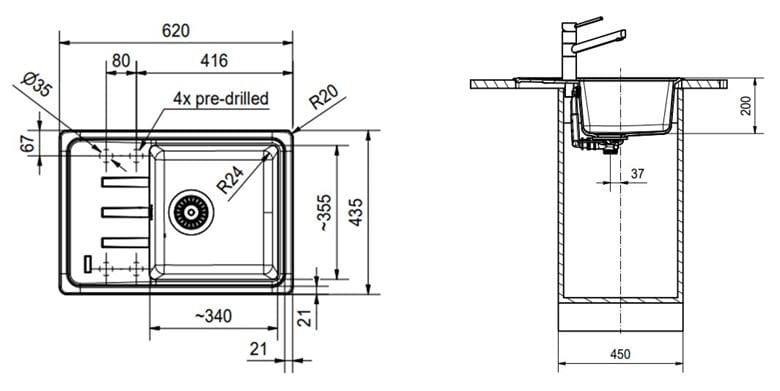 FRANKE MALTA BSG 611-62 fragranitový drez 620x435 mm, otočný, odkvapkávač, biela ľad 114.0440.889 Technický nákres