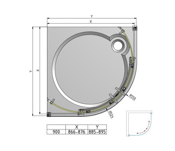 ROTH AMBIENT LINE AMR2N/900 sprchový kút 90x90 cm, R550, posuvné dvere, brillant/sklo transparent 624-9000000-00-02 Technický nákres