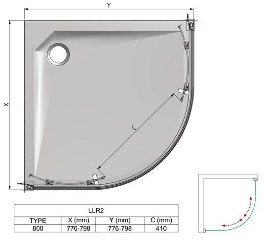 ROTH LEGA LINE LLR2/800 sprchový kút 80x80 cm, R550, posuvné dvere, brillant/sklo transparent 555-8000000-00-02 Technický nákres