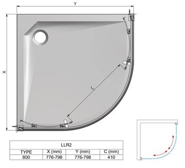 ROTH LEGA LINE LLR2/800 sprchový kút 80x80 cm, R550, posuvné dvere, brillant/sklo transparent 555-8000000-00-02 Technický nákres