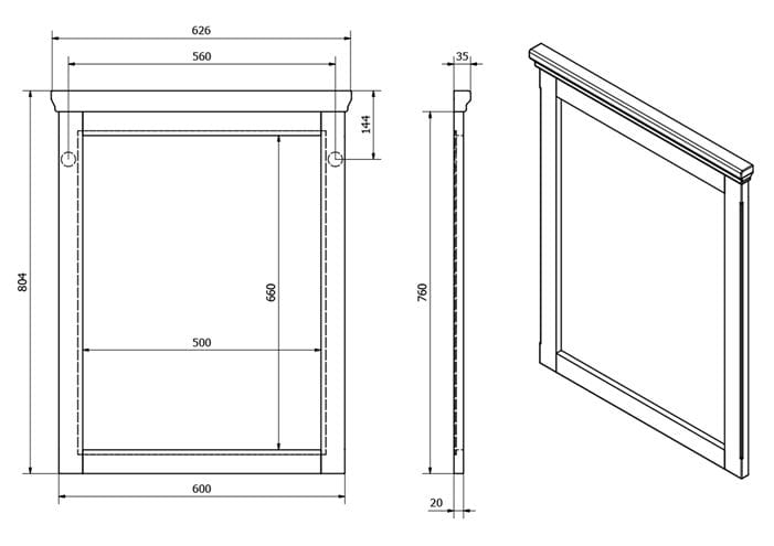 SAPHO CROSS zrkadlo 62,6x80,4 cm, matná biela CR211 Technický nákres