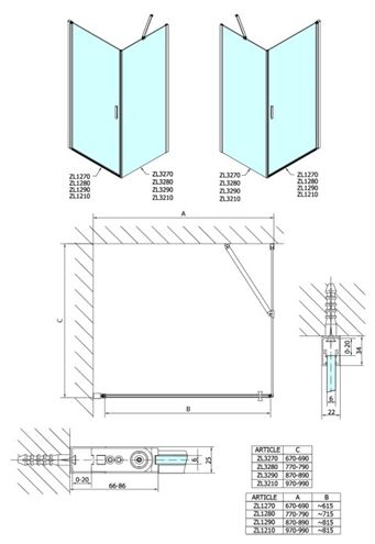 POLYSAN ZOOM LINE bočná stena 100x190 cm, aluchróm/číre sklo ZL3210 Technický nákres