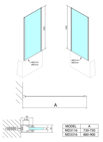 POLYSAN DEEP bočná stena 90x165 cm, leštený hliník/číre sklo MD3316 Technický nákres