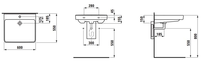 LAUFEN PRE LIBERTY bezbariérové umývadlo 60 cm, s otvorom pre batériu a prepadom H8119500001041 Technický nákres