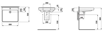 LAUFEN PRE LIBERTY bezbariérové umývadlo 60 cm, s otvorom pre batériu a prepadom H8119500001041 Technický nákres