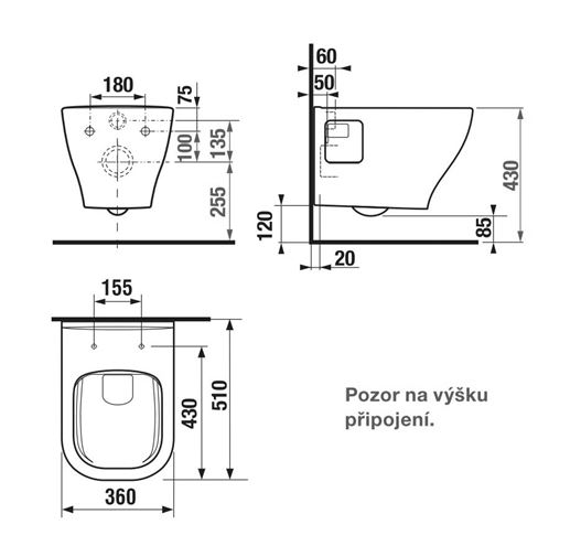 DEEP BY JIKA závesné WC, Rimless splachovanie H8206160000001 Technický nákres