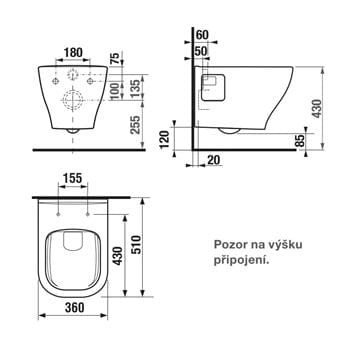 DEEP BY JIKA závesné WC, Rimless splachovanie H8206160000001 Technický nákres