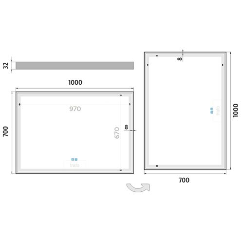 NIMCO ZP 13000 zrkadlo 100x70 cm, reverzibilné, s osvetlením, s reguláciou stmievania a teploty svetla, s dvoma senzormi ZP 13004VX Technický nákres
