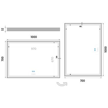 NIMCO ZP 13000 zrkadlo 100x70 cm, reverzibilné, s osvetlením, s reguláciou stmievania a teploty svetla, s dvoma senzormi ZP 13004VX Technický nákres
