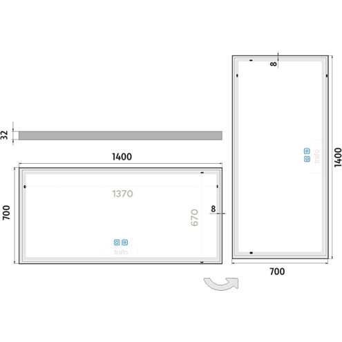 NIMCO ZP 13000 zrkadlo 140x70 cm, reverzibilné, s osvetlením, s reguláciou stmievania a teploty svetla, s dvoma senzormi ZP 13008VX Technický nákres