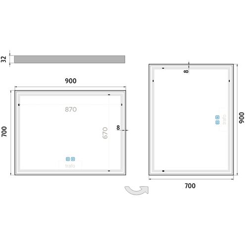 NIMCO ZP 13000 zrkadlo 90x70 cm, reverzibilné, s osvetlením, s reguláciou stmievania a teploty svetla, s dvoma senzormi ZP 13019VX Technický nákres