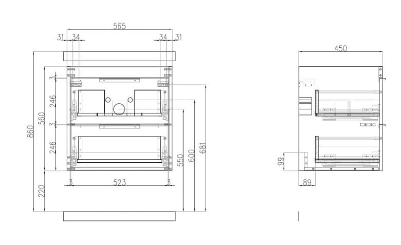 CONCEPT 150 skrinka pod umývadlo 56,5x45x56 cm, 2 zásuvky, cafe 809997 Technický nákres