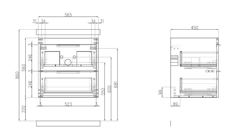 CONCEPT 150 skrinka pod umývadlo 56,5x45x56 cm, 2 zásuvky, lesklá biela 809980 Technický nákres