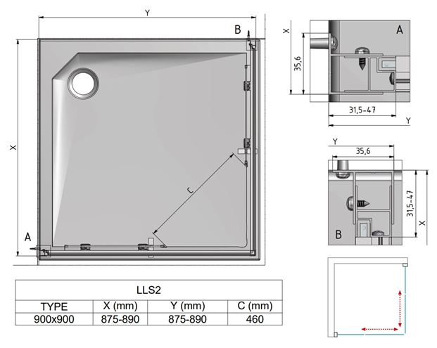 ROTH LEGA LINE LLS2/900 SMONT sprchový kút 90x90 cm, rohový vstup, posuvné dvere, brillant/sklo transparent 554-9000000-00-02 Technický nákres