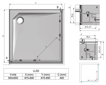 ROTH LEGA LINE LLS2/900 SMONT sprchový kút 90x90 cm, rohový vstup, posuvné dvere, brillant/sklo transparent 554-9000000-00-02 Technický nákres