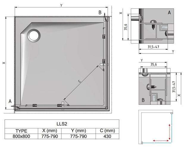 ROTH LEGA LINE LLS2/800 SMONT sprchový kút 80x80 cm, rohový vstup, posuvné dvere, brillant/sklo transparent 554-8000000-00-02 Technický nákres