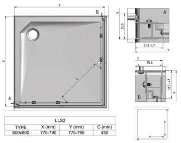 ROTH LEGA LINE LLS2/800 SMONT sprchový kút 80x80 cm, rohový vstup, posuvné dvere, brillant/sklo transparent 554-8000000-00-02 Technický nákres