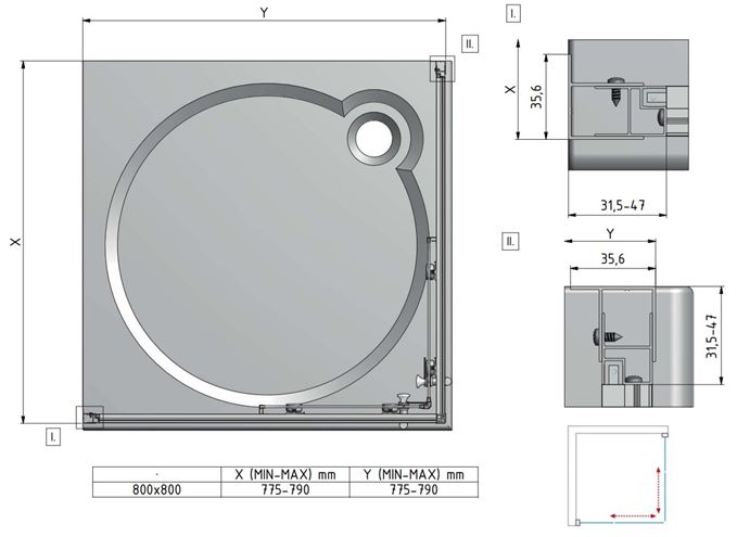 EASY ELS2 800 B/CS sprchovací kút 80x80 cm, rohový vstup, posuvné dvere, biela/transparent 543-8000000-04-02 Technický nákres