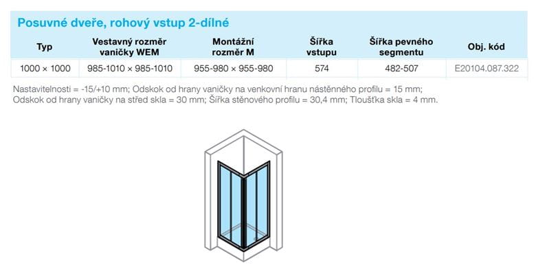 CONCEPT 70 sprchový kút 100x100 cm, rohový vstup, posuvné dvere, strieborná matná/sklo číre E20104.087.322 Technický nákres