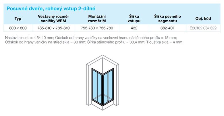 CONCEPT 70 sprchový kút 80x80 cm, rohový vstup, posuvné dvere, strieborná matná/sklo číre E20102.087.322 Technický nákres