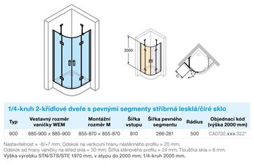 CONCEPT 400 sprchový kút 90x90 cm, R500, krídlové dvere, strieborná pololesklá/sklo číre CA0702.069.322 Technický nákres