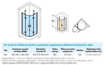 CONCEPT 400 sprchový kút 90x90 cm, R550, krídlové dvere, strieborná pololesklá/sklo číre CA0802.069.322 Technický nákres