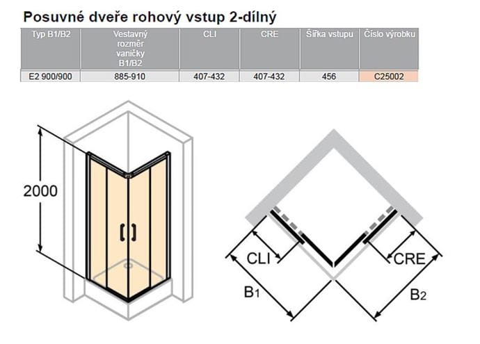 HÜPPE CLASSICS 2 EASY ENTRY sprchový kút 90x90 cm, rohový vstup, posuvné dvere, pololesklá strieborná/číre sklo C25002.069.322 Technický nákres