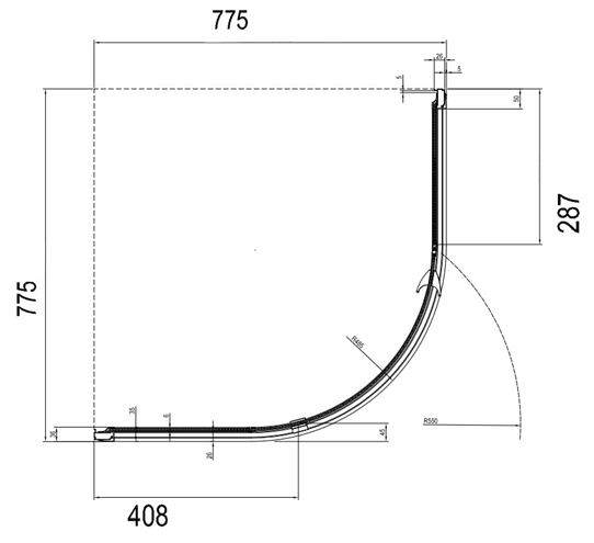 RAVAK PIVOT PSKK3 80 sprchovací kút 80x80 cm, R500, pivotové dvere, chróm lesk / sklo transparent 37644C00Z1 Technický nákres