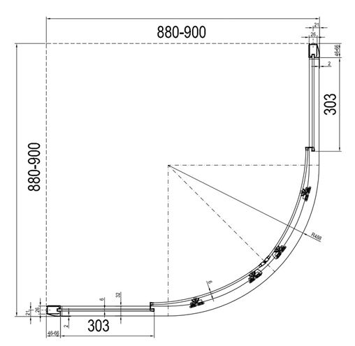 RAVAK BLIX BLCP4-90 SABINA sprchovací kút 90x90 cm, R500, znížený, posuvné dvere, biela/sklo tranpsarent 3B270140Z1 Technický nákres