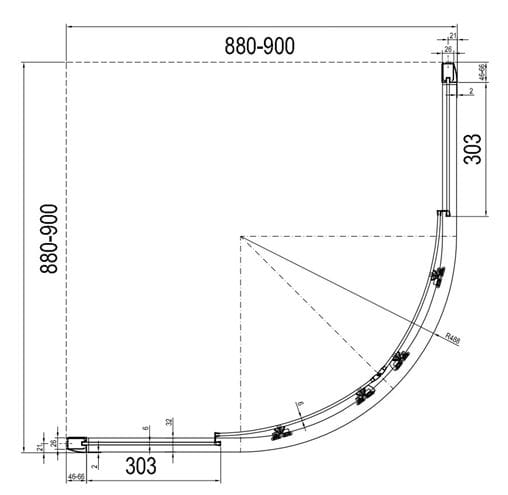 RAVAK BLIX BLCP4 90 sprchovací kút 90x90 cm, R500, posuvné dvere, satin/sklo grape 3B270U00ZG Technický nákres