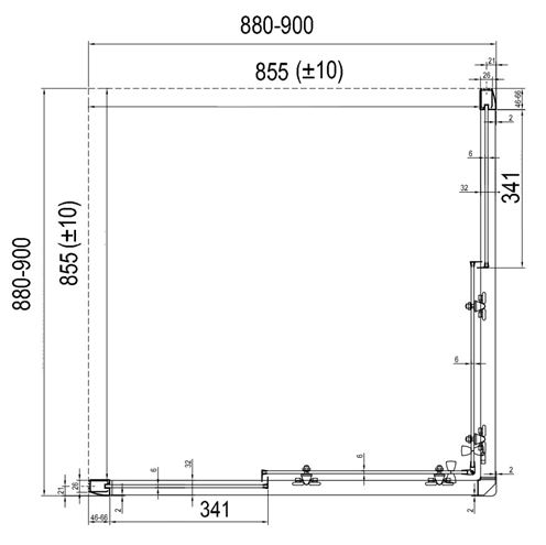 RAVAK BLIX BLRV2-90 sprchový kút 90x90 cm, rohový vstup, posuvné dvere, lesk/sklo grape 1LV70C00ZG Technický nákres