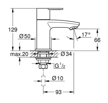 GROHE EUROSTYLE COSMOPOLITAN umývadlová stojanková batéria pre jednu vodu, chróm 23039002 Technický nákres